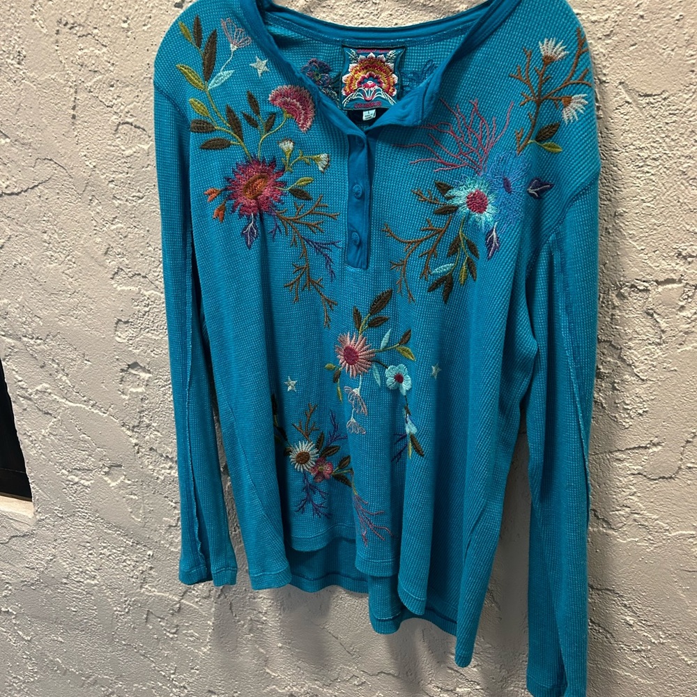Johnny Was Teal Floral Embroidered Long Sleeve Top